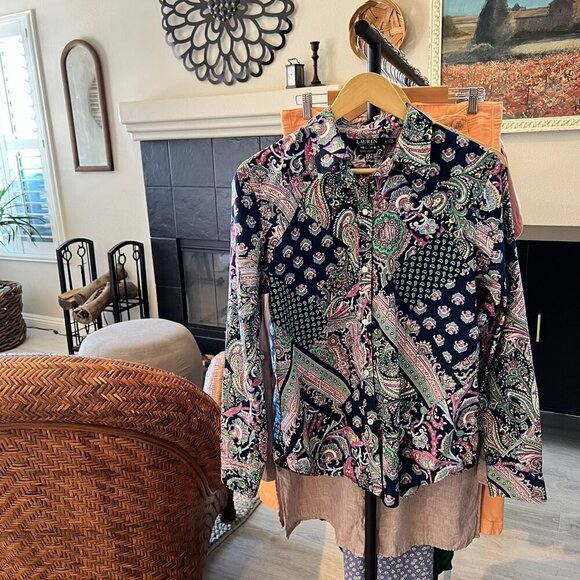 Lauren Ralph Lauren Top Womens Size Large Colorful Paisley Patchwork Non Iron - Picture 16 of 16